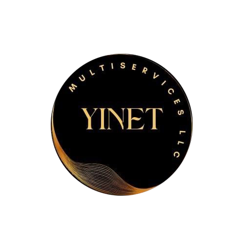 Logotipo circular con las palabras "YINET Multiservices LLC" en dorado sobre fondo negro, con un diseño de líneas doradas en la parte inferior izquierda.
