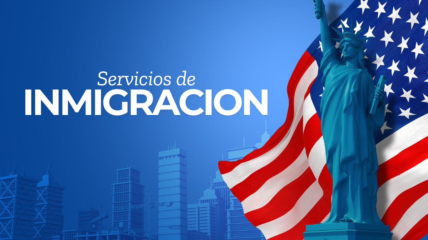 Silueta urbana con la Estatua de la Libertad y bandera de EE.UU. junto al texto "Servicios de Inmigración" en fondo azul.