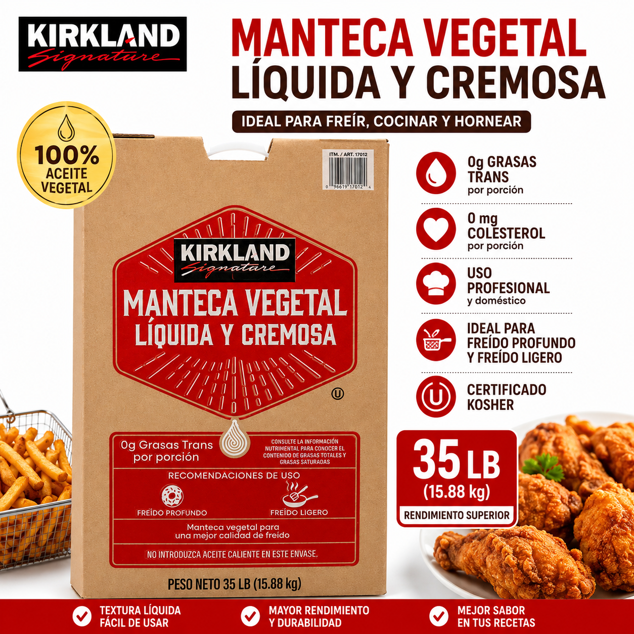 Kirkland  Manteca Vegetal (OIL) Líquida y Cremosa 17.4 lt