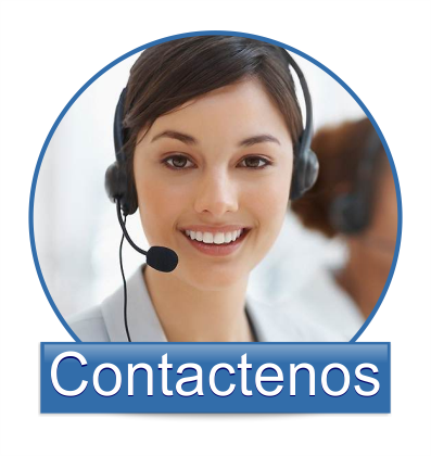 Mujer sonriente con auriculares y micrófono, texto "Contactenos" debajo.