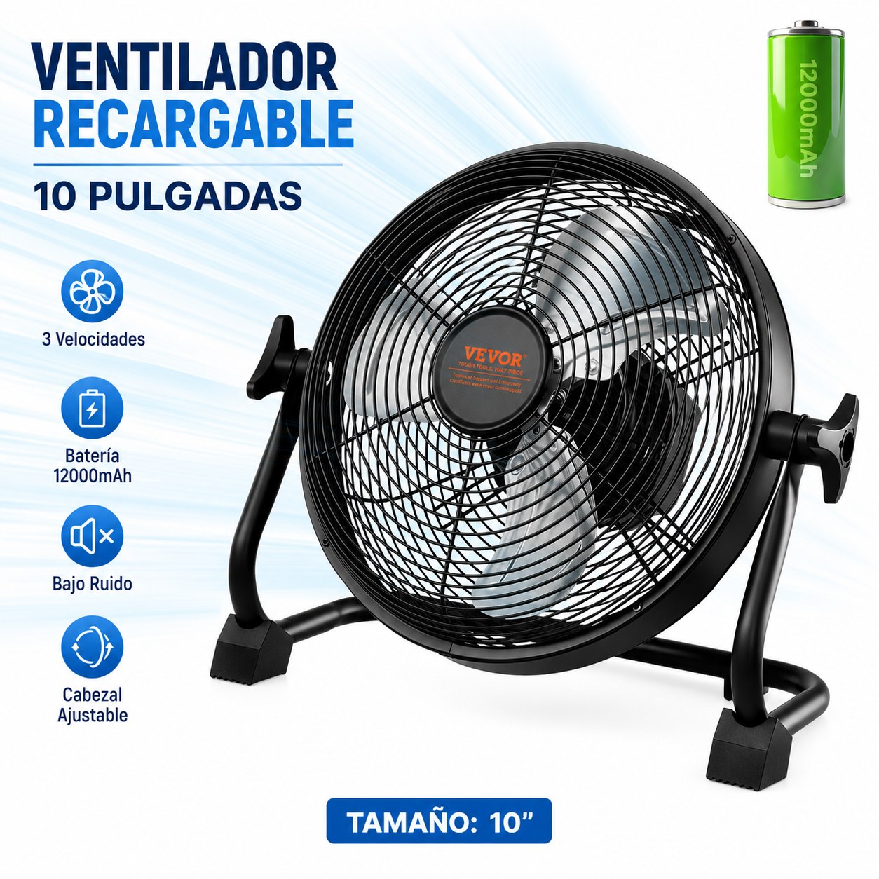 Ventilador Recargable 10'' de 3 velocidades
