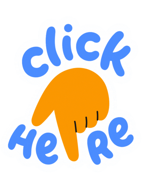 Ilustración de una mano señalando con el dedo hacia abajo y las palabras "click here" en letras azules.