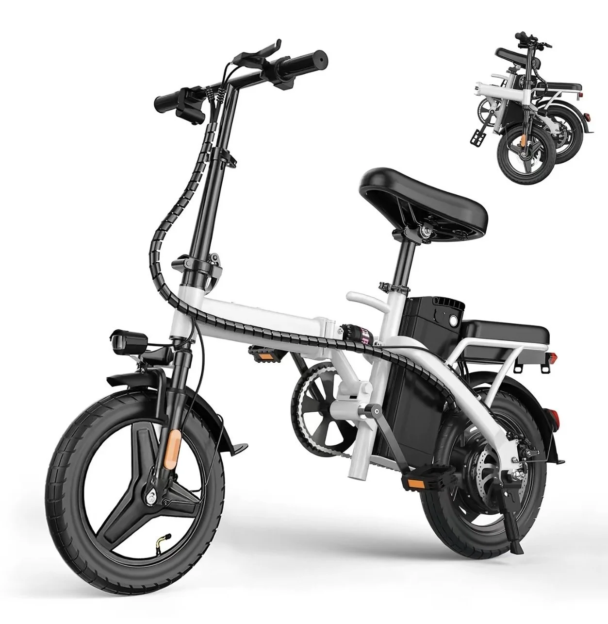 Electric Bike, 750Wh configuration, 14-inch tires ebikes, 22+ MPH speed, 30+ Mile range. White color