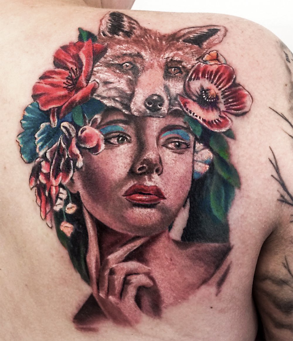 Woman and Wolf Color Tattoo: Binge Tattoo