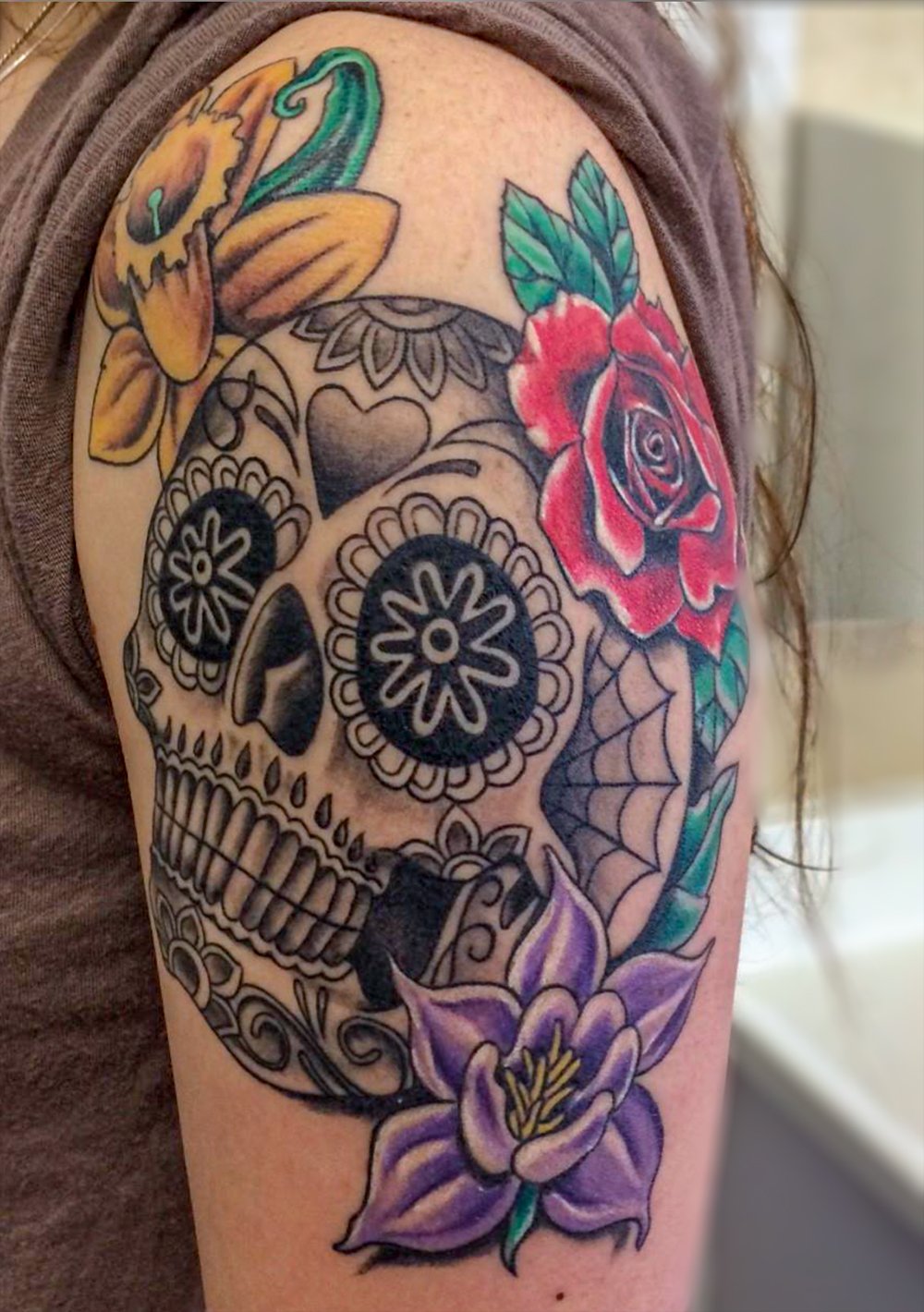 Skull and Flowers Color Tattoo: Binge Tattoo