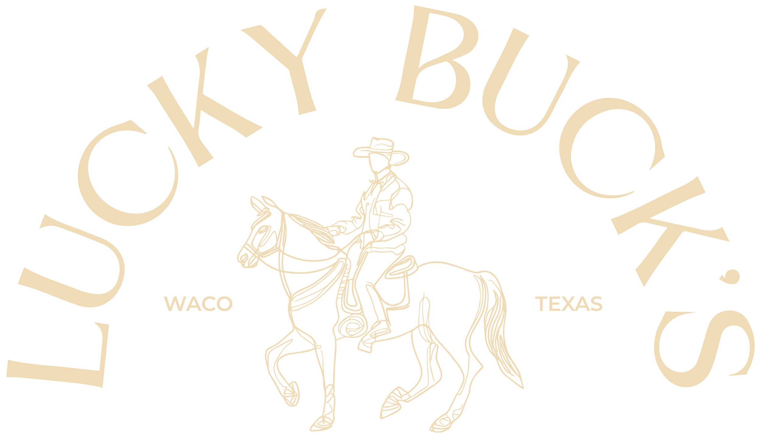 Line drawing of a man riding a horse, wearing a hat and a striped shirt, with the text 'LUCKY BUCK!' in large curved letters above, and 'WACO TEXAS' in smaller letters on either side.