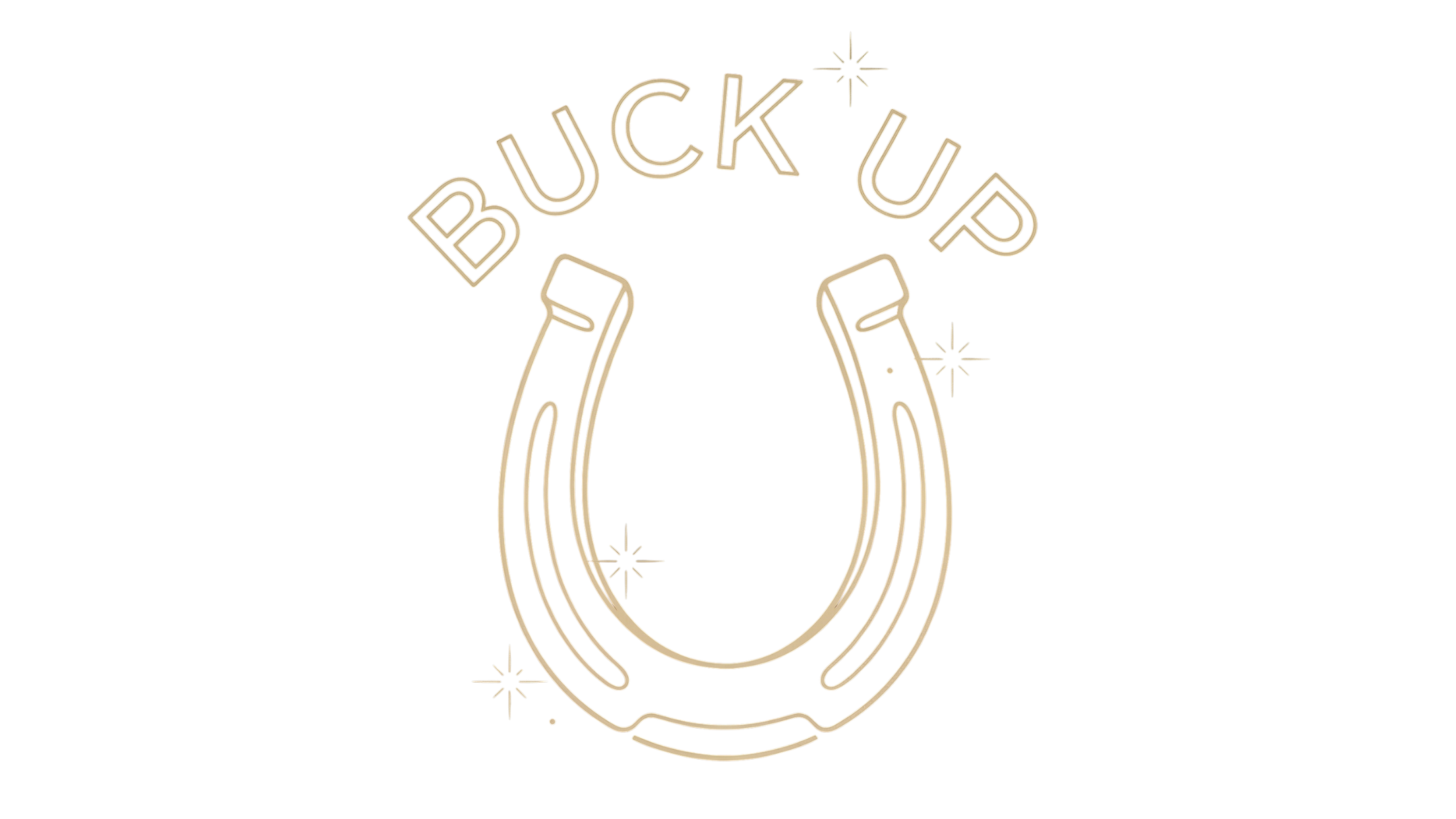 Neon sign with the words "BUCK UP" and a horseshoe symbol, decorated with sparkles, on a black background.