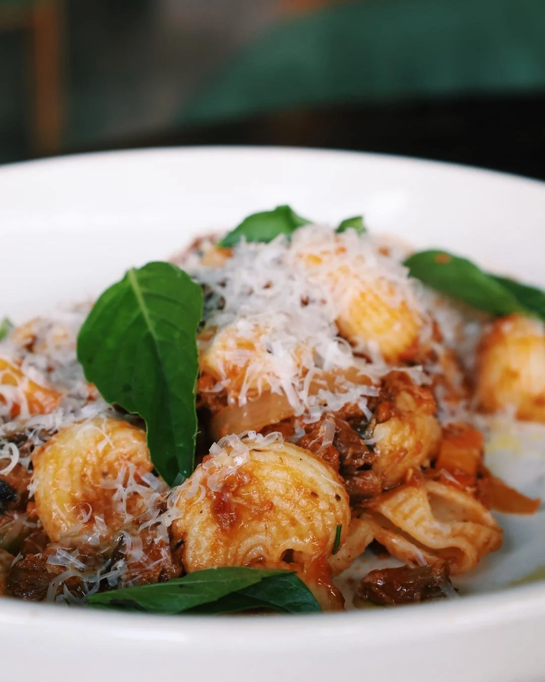 A plate of handmade pasta with basil leaves and fresh grated Parmesan