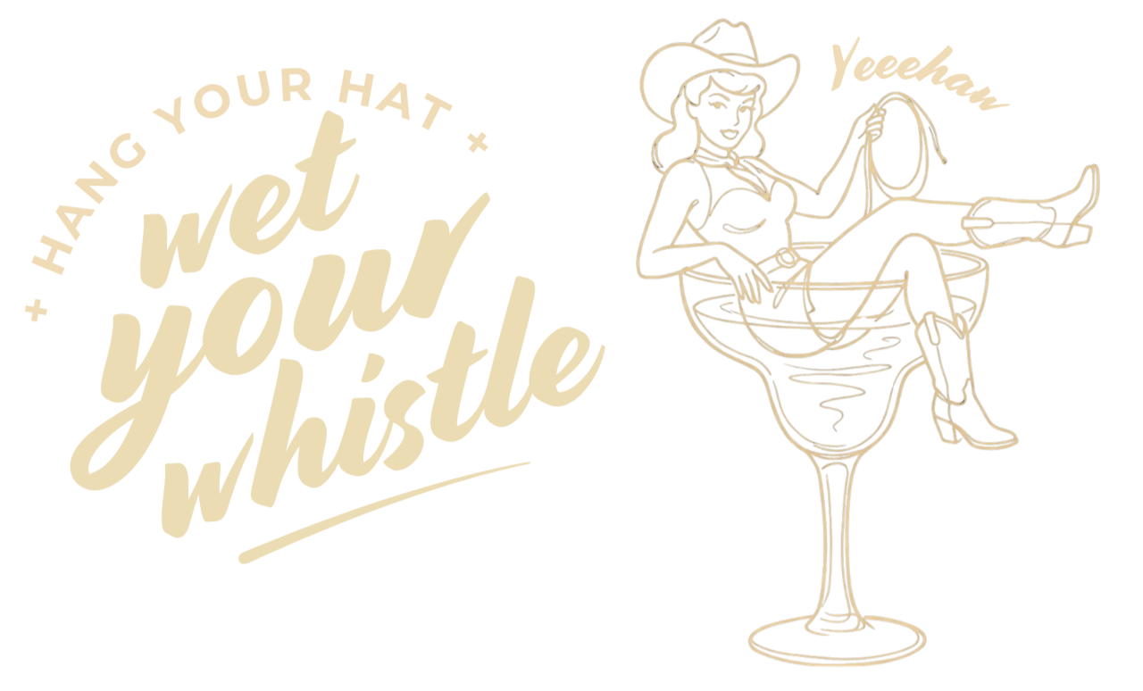 A neon-style line drawing of a cowgirl with a hat, sitting in a large cocktail glass, with the phrase "Hang your hat, wet your whistle" and a woman saying "Yeehaw".