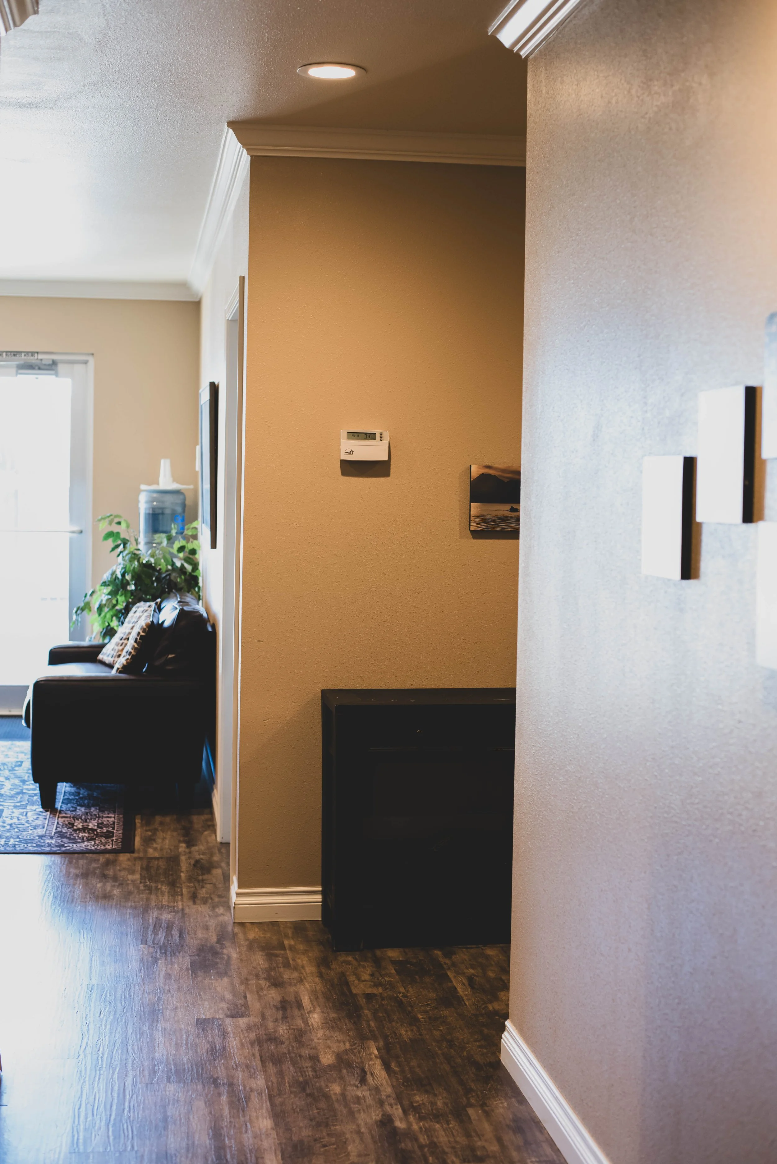 Interior hallway of a residential home with beige and light brown walls, dark wood flooring, white crown molding, and a ceiling light. Visible living room area with a black sofa, decorative pillows, potted plant, artwork on the wall, and hallway lead