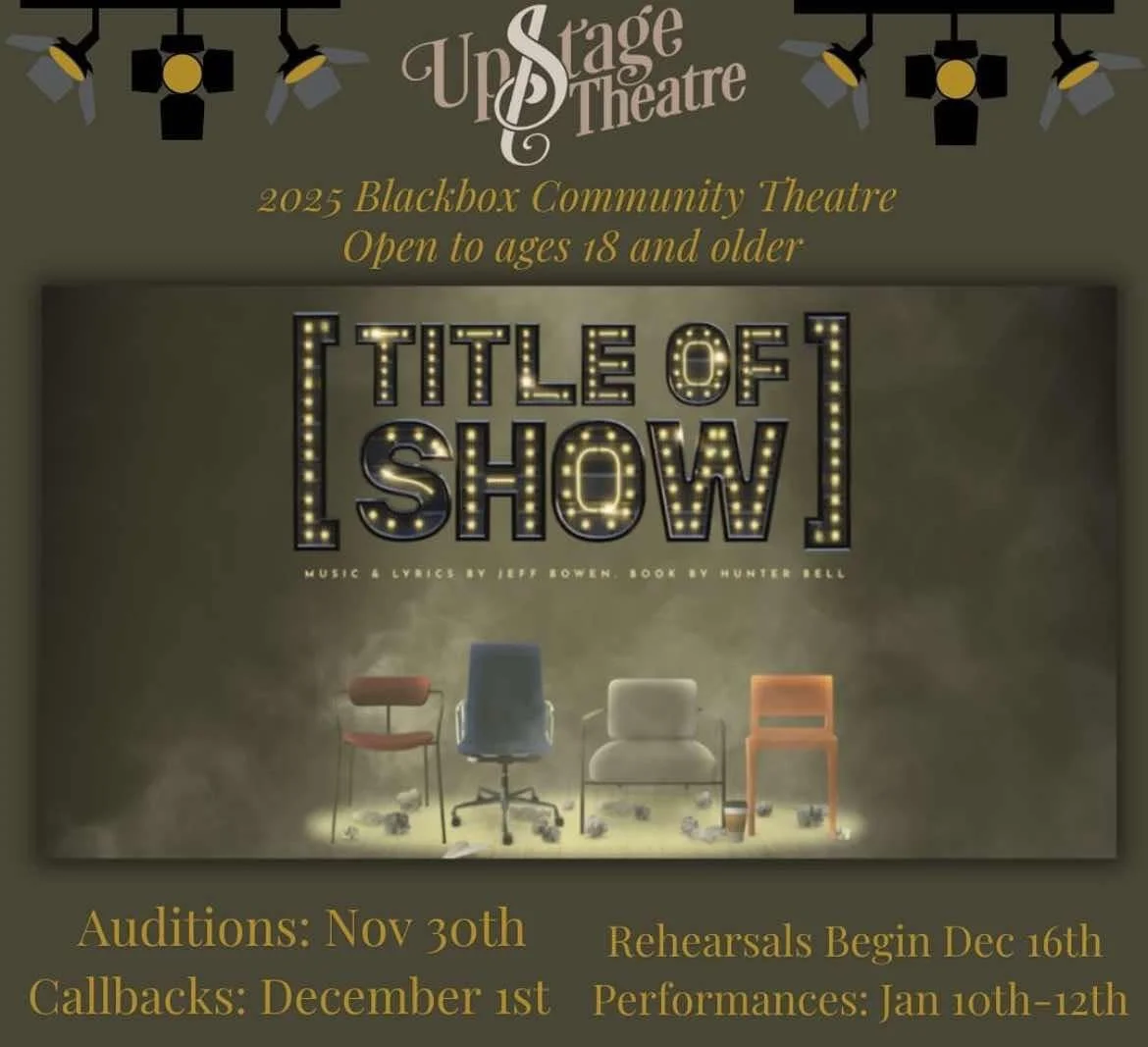Poster for UpStage Theatre's 2025 Blackbox Community Theatre show titled 'Theatre of Show', with a dark background, spotlight graphics at the top, and a row of four chairs in different colors at the bottom. The poster has information about auditions, rehearsals, callbacks, and performances.