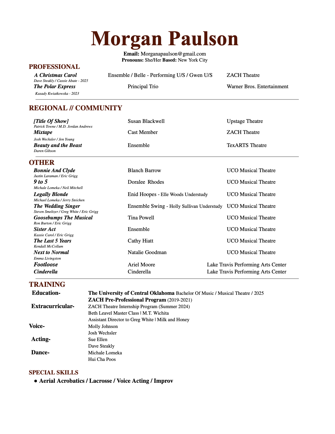 A detailed resume or CV for Morgan Paulson, listing personal information, professional experience, regional and community involvement, training, education, extracurricular activities, and special skills, with sections organized by headings in bold or italics.