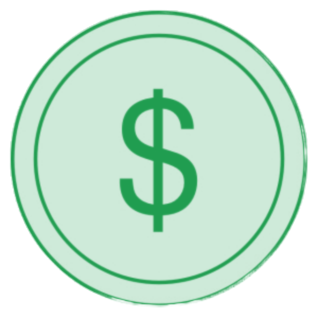 A green dollar coin with a dollar sign in the center.