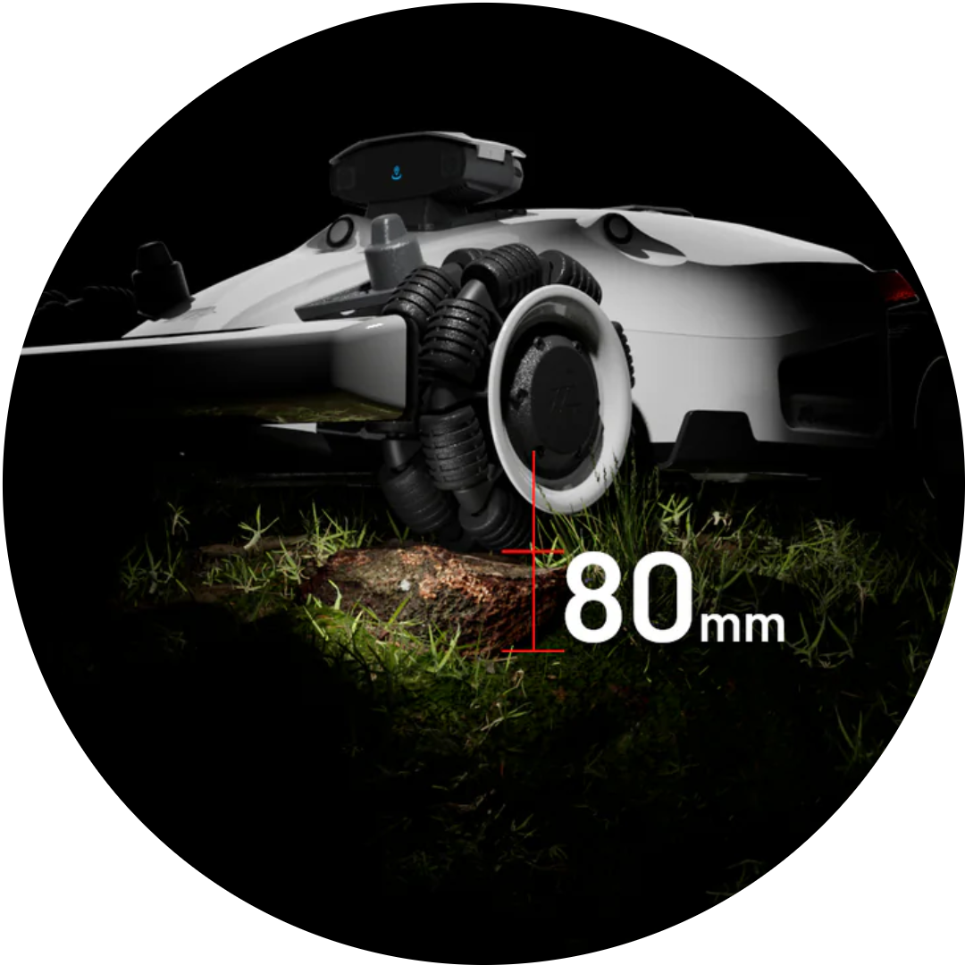 Close-up of an autonomous vehicle's tire contact with the ground, showing an 80mm distance from the ground to the tire, with grass and dirt underneath.