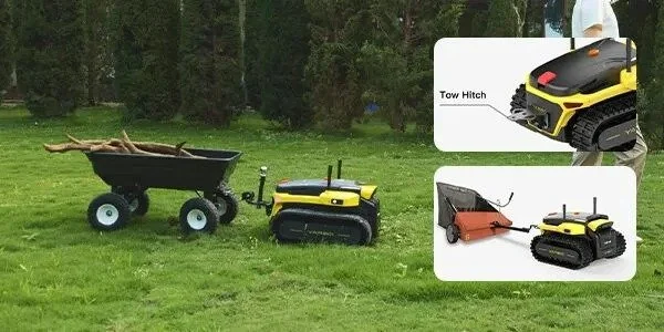 A yellow remote-controlled tracked vehicle towing a small cart filled with firewood, with an inset showing the vehicle with a tow hitch and a different attachment.