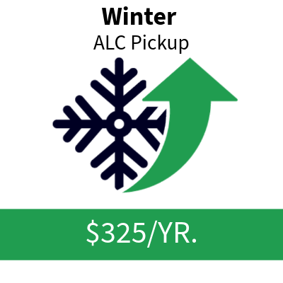 Winter ALC Pickup sign with a snowflake and green upward arrow, indicating a seasonal pickup service costing $325 per year.