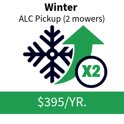 Winter yard maintenance advertisement for ALC pickup, involving two mowers, with a large snowflake and a green upward arrow, and a green circle with 'X2', and a price of $395 per year.