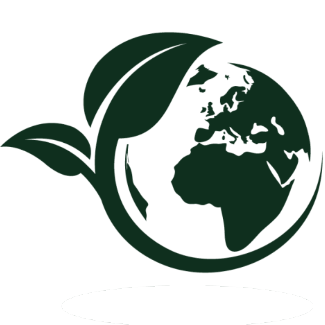 Stylized illustration of the Earth with green leaves wrapping around it, symbolizing environmental sustainability.
