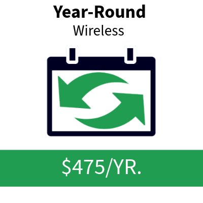 Advertisement for year-round wireless service costing $475 per year, featuring a calendar icon and refresh arrows.