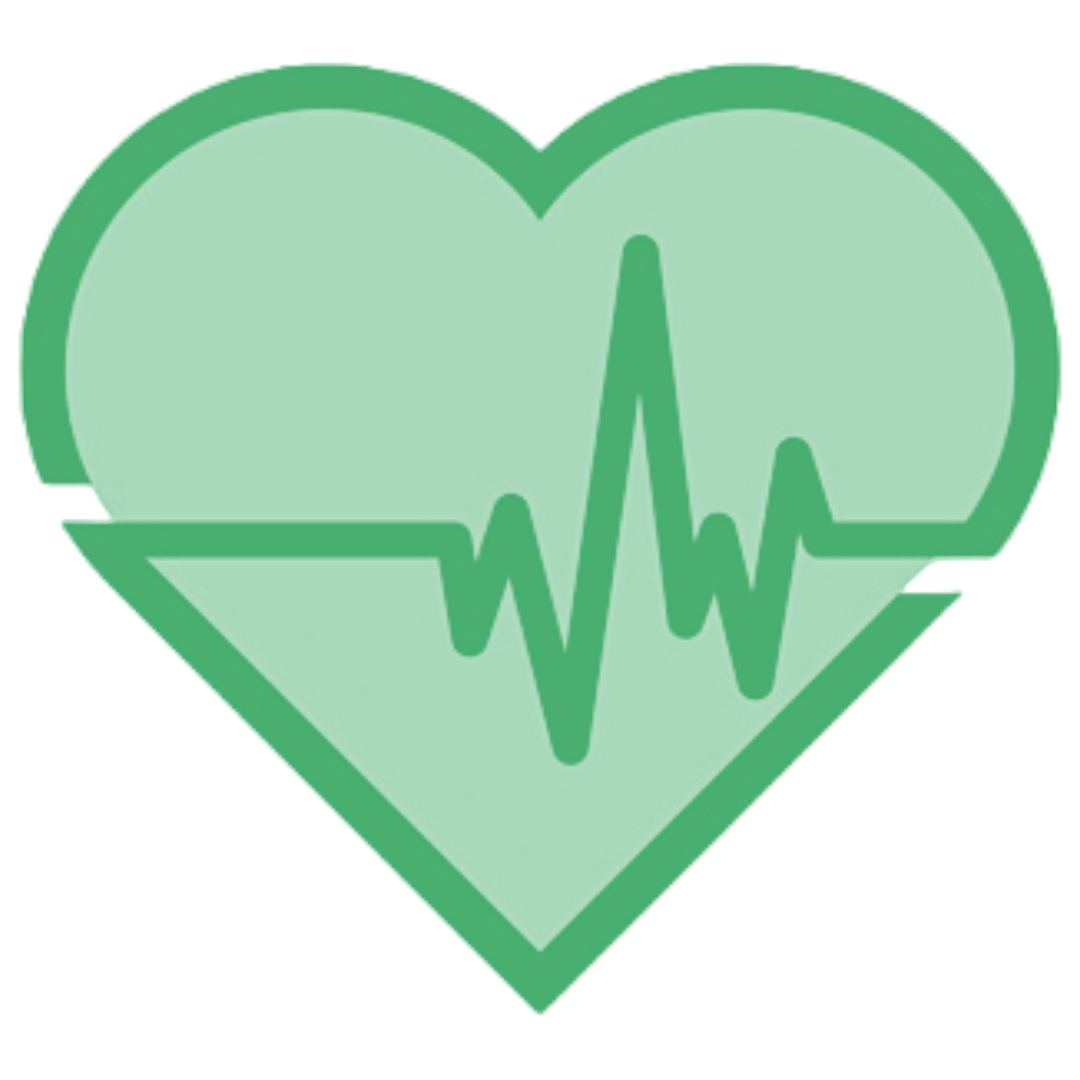 Green heart with a heartbeat line inside, symbolizing health and wellness.