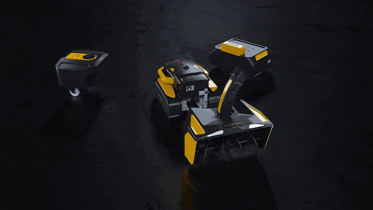 A robotic device with yellow and black parts, and a remote control on a dark surface.