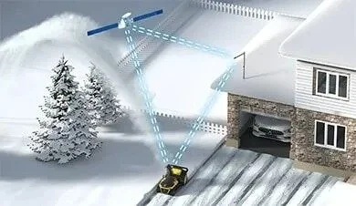Lawn with snow-covered trees and house, with a robotic mower equipped with sensors scanning the area from the driveway.
