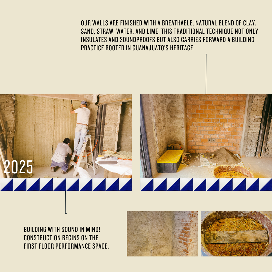 BUILDING WITH SOUND IN MIND! CONSTRUCTION BEGINS ON THE FIRST FLOOR PERFORMANCE SPACE in 2025. Our walls are finished with a breathable, natural blend of clay, sand, straw, water, and lime. This traditional technique not only insulates and soundproof