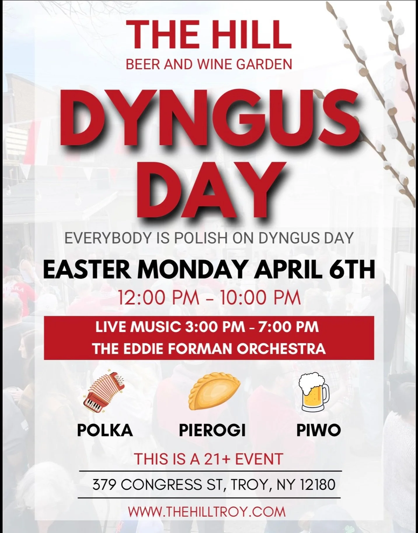 Join us Easter Monday April 6th for another Dyngus Day at The Hill! 🇵🇱

Come celebrate spring with live music, pierogis, kielbasa, Polish beers, and more!

Polka 🪗
Pierogi 🥟
Piwo 🍺
Party 🎉 

🚪12p - 10p Doors Open
🎵3p - 7p The Eddie Forman Orc