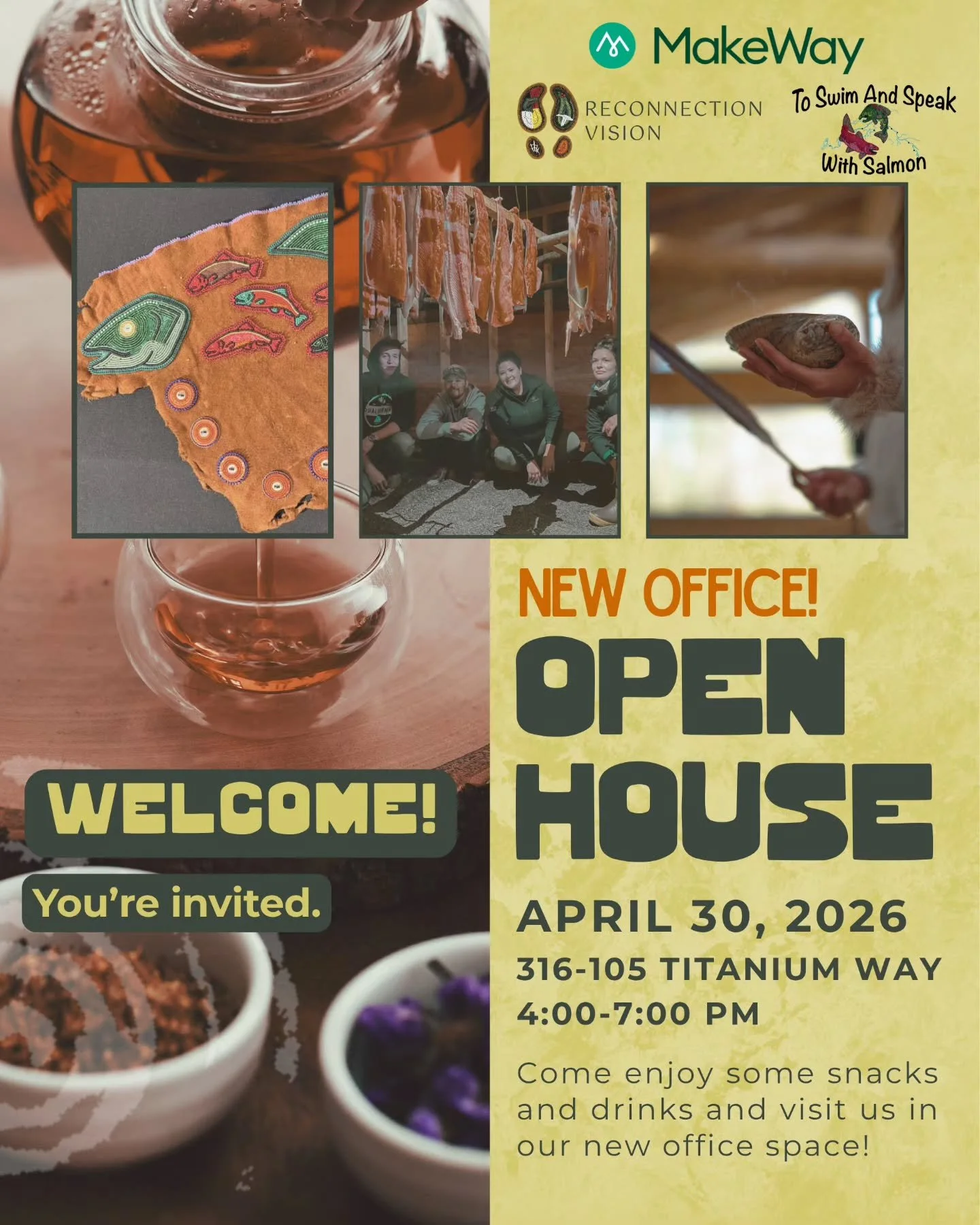 🔈You&rsquo;re Invited! 

Join us for our Office Open House as we celebrate our new shared space with To Swim and Speak with Salmon and MakeWay! 

🗓 Thursday, April 30, 2026
📍 316-105 Titanium Way, Whitehorse Yukon
⏰ 4:00 &ndash; 7:00 PM

Come by, 