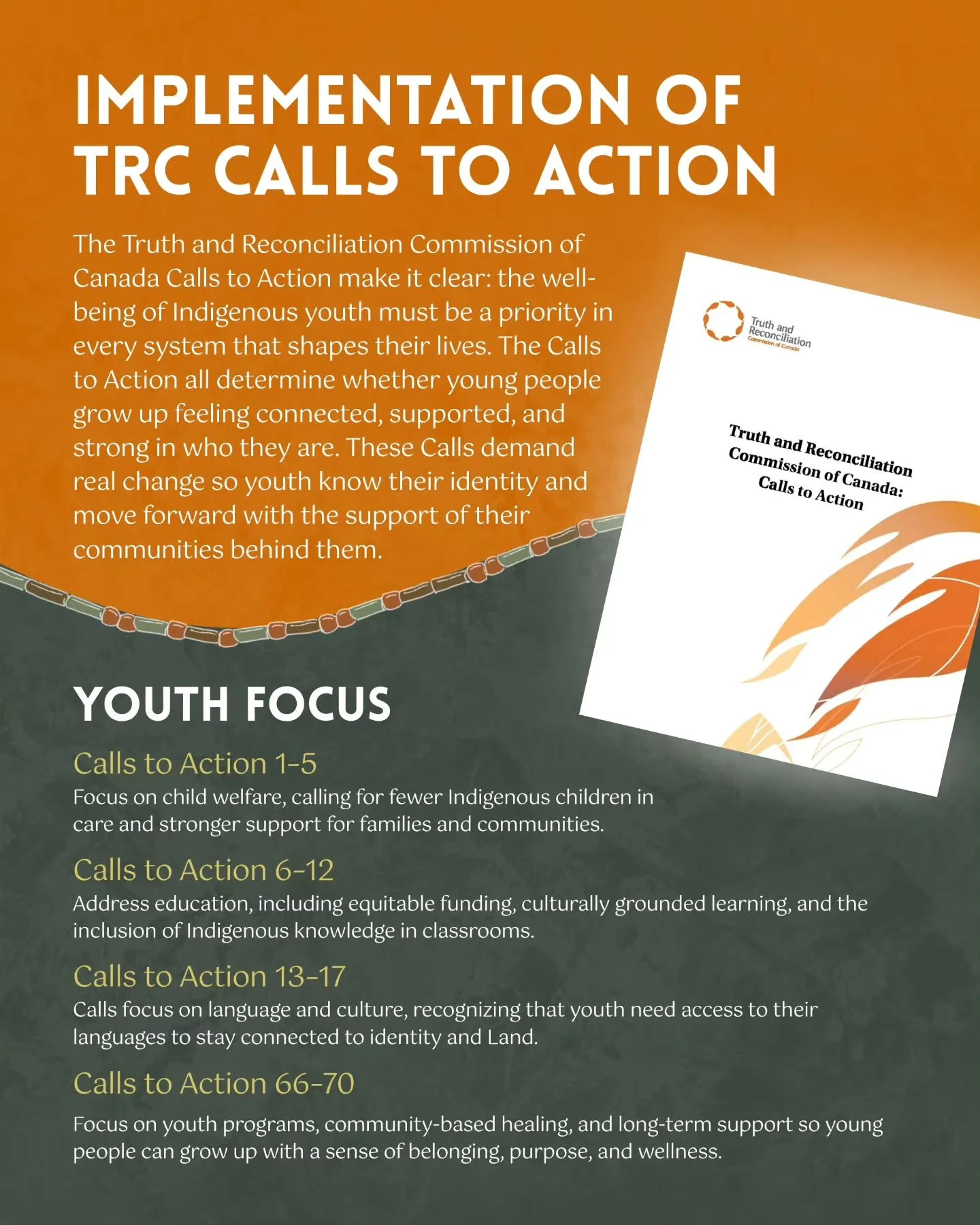 🪶 Implementation of TRC Calls to Action | Youth Focus

The Truth and Reconciliation Commission of Canada Calls to Action make it clear: the well-being of Indigenous youth must be a priority in every system that shapes their lives. The Calls to Actio
