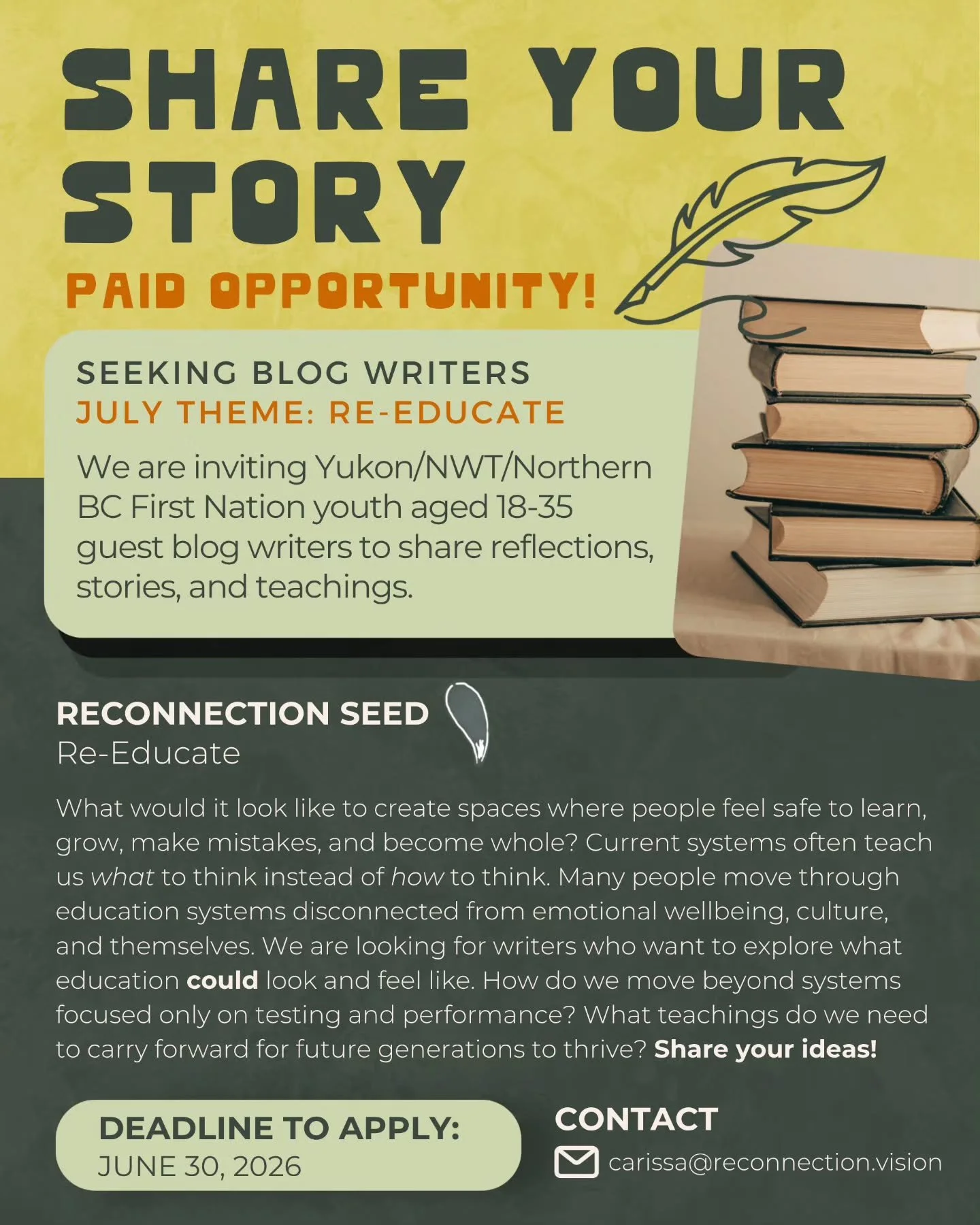 Share Your Story | Seeking Youth Blog Writers ✍️

We are inviting Yukon/NWT/Northern BC First Nation youth aged 18-35 guest blog writers to share reflections, stories, and teachings.

Reconnection Seed: Re-Educate 🌱

What would it look like to creat