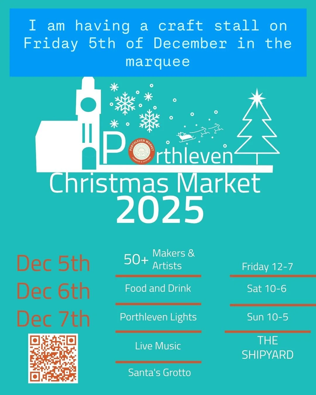 Hello there, 👋

Exciting stuff everyone!!!

This year, for the first time, I am going to be having a craft stall at Porthleven Christmas market, on Friday 5th of December, in the marquee. 

I hope to see you there🎄🥳🎄