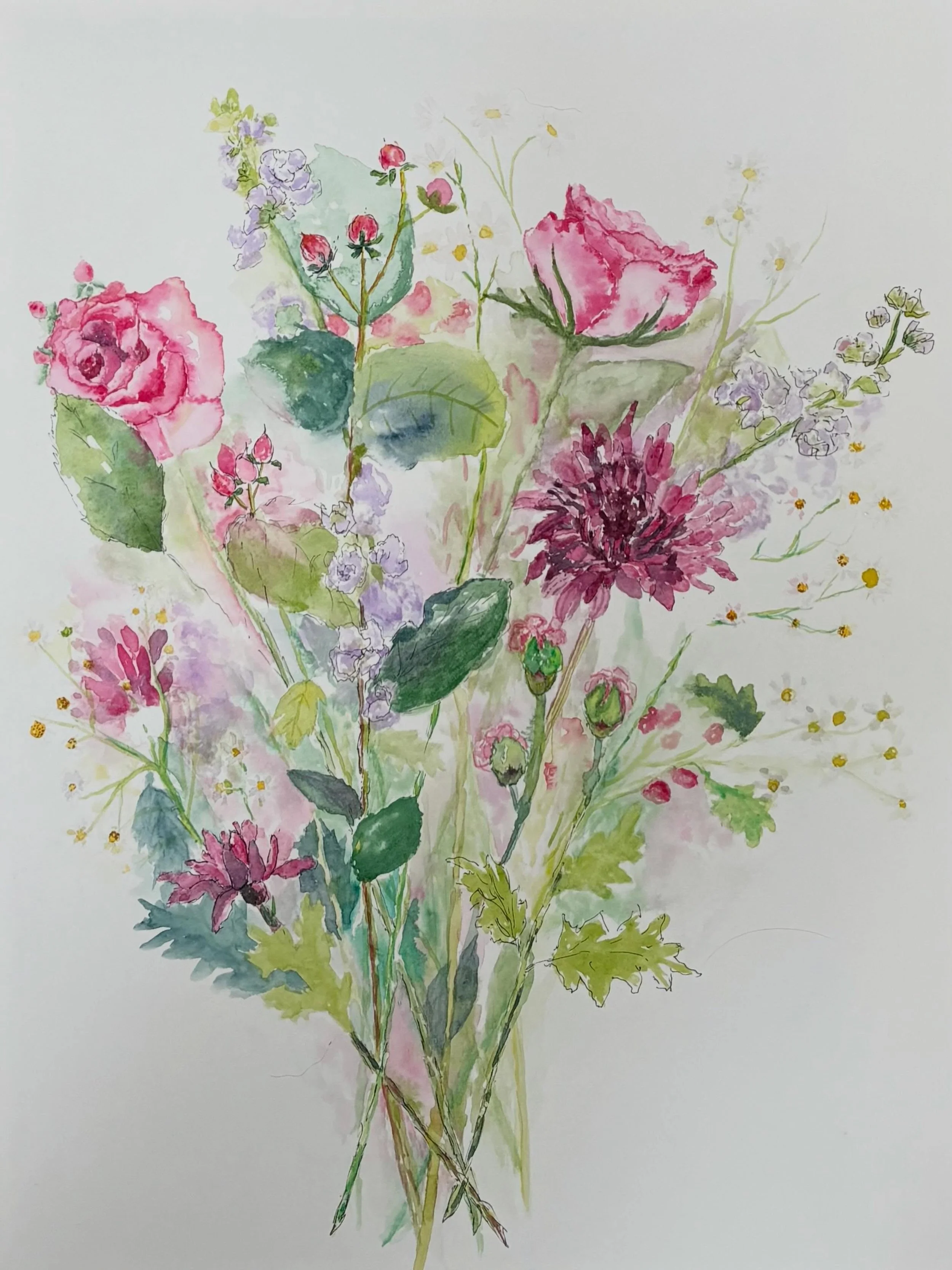 Recently, I have been creating a bouquet painting in watercolour with a touch of fine liner, to show stages of creating a bouquet painting. 

The first image is the finished painting gradually going back to the initial sketch. I find it interesting t