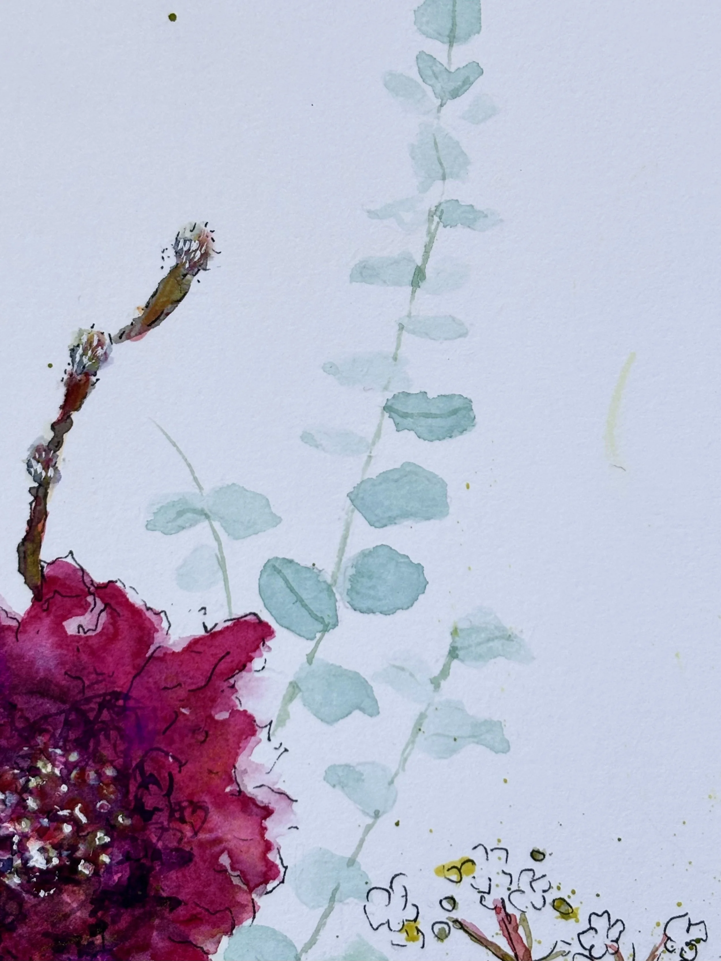 Watercolor painting of a pink flower with green leaves and a branch on light background.