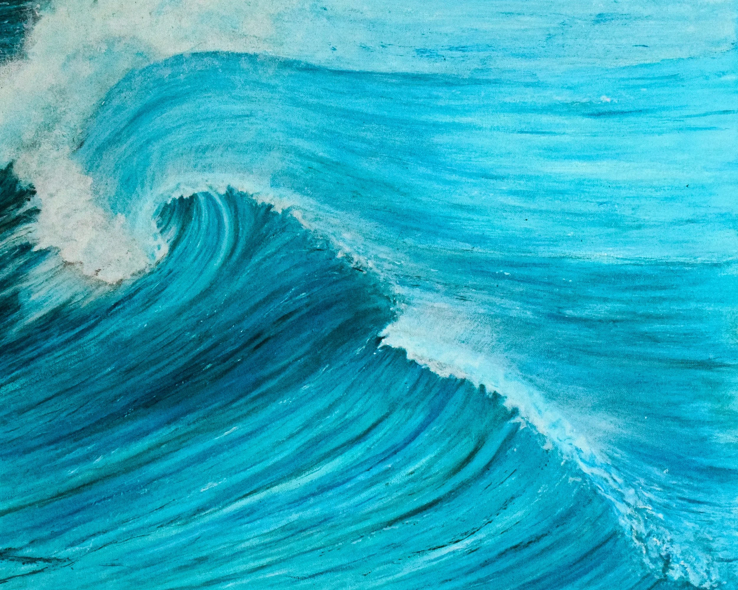 An artistic painting of ocean waves, swirling with shades of blue and white foam.