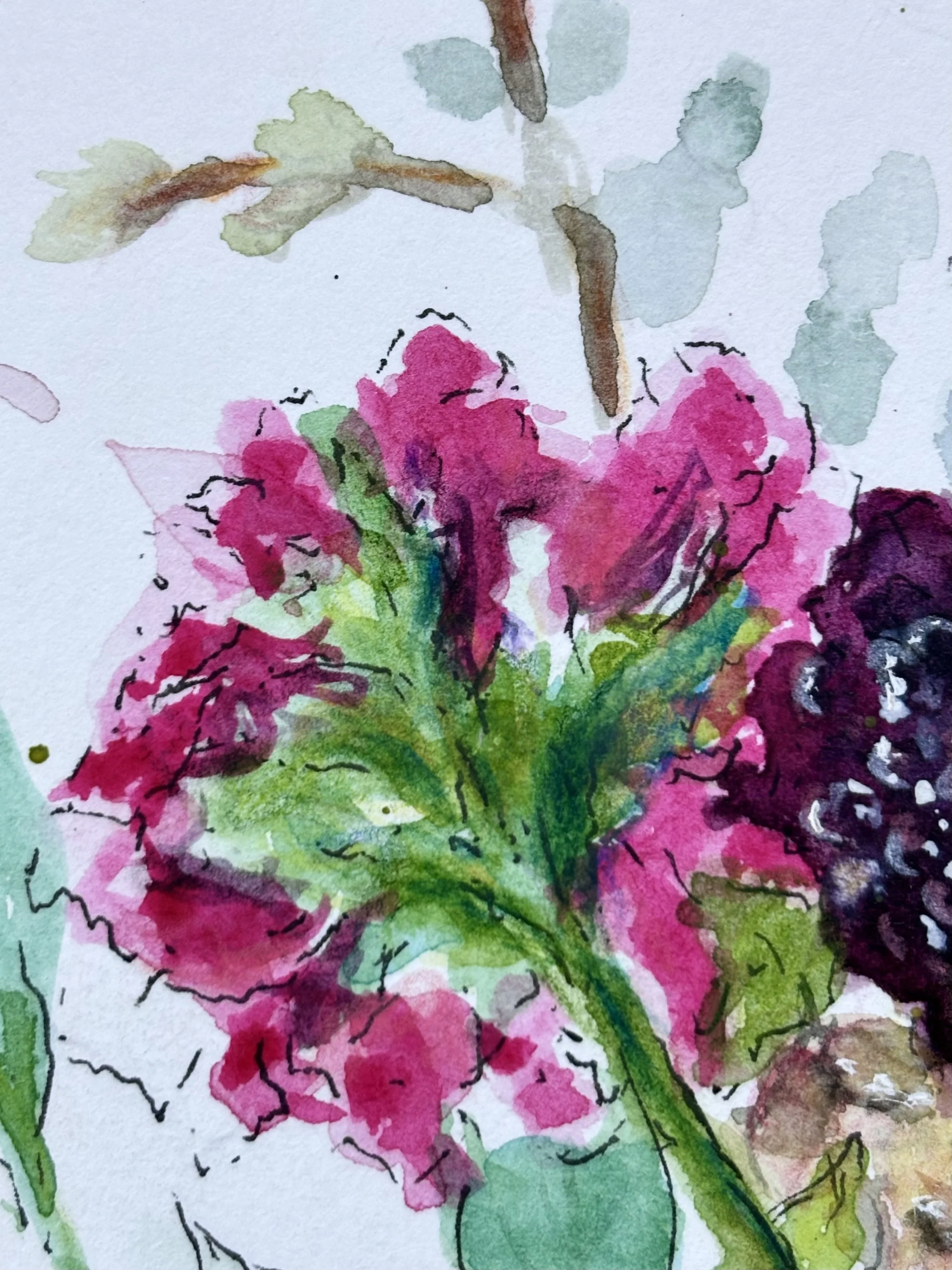 Watercolor painting of purple and pink flowers with green leaves.