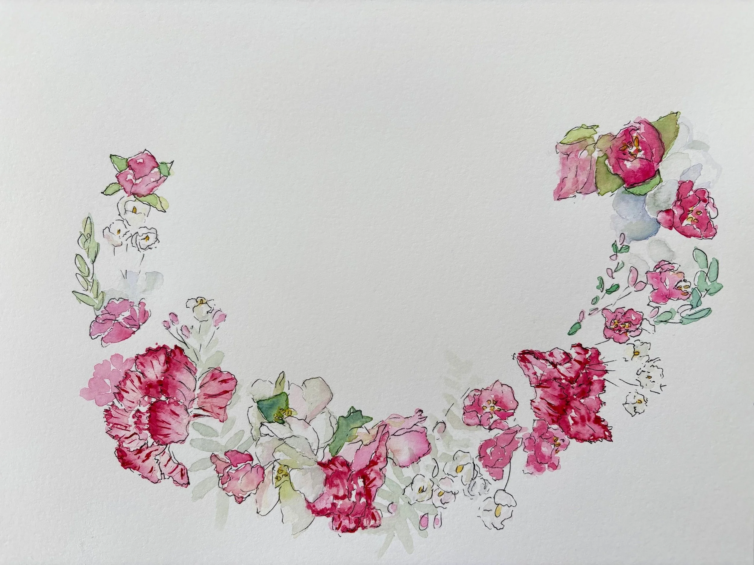 Watercolor painting of a wedding hair garland, a semi-circle floral wreath with pink and white flowers and green leaves