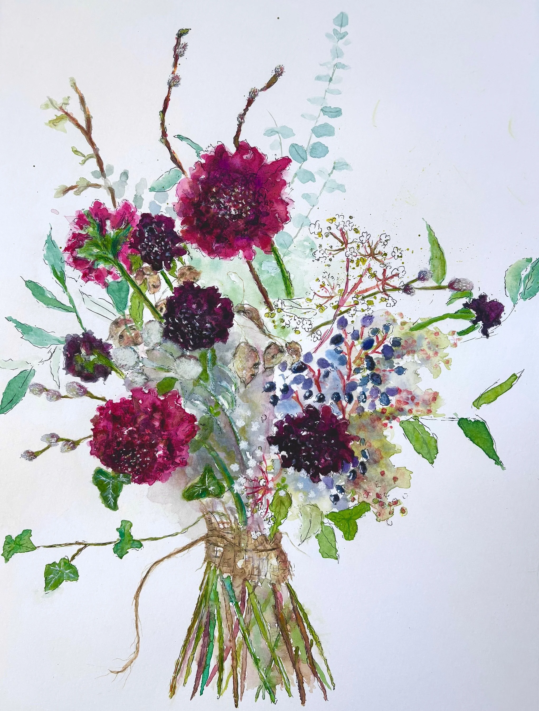 Watercolor painting of a bouquet with pink and dark purple flowers, green leaves, sprigs, and a brown tied stem on white background.