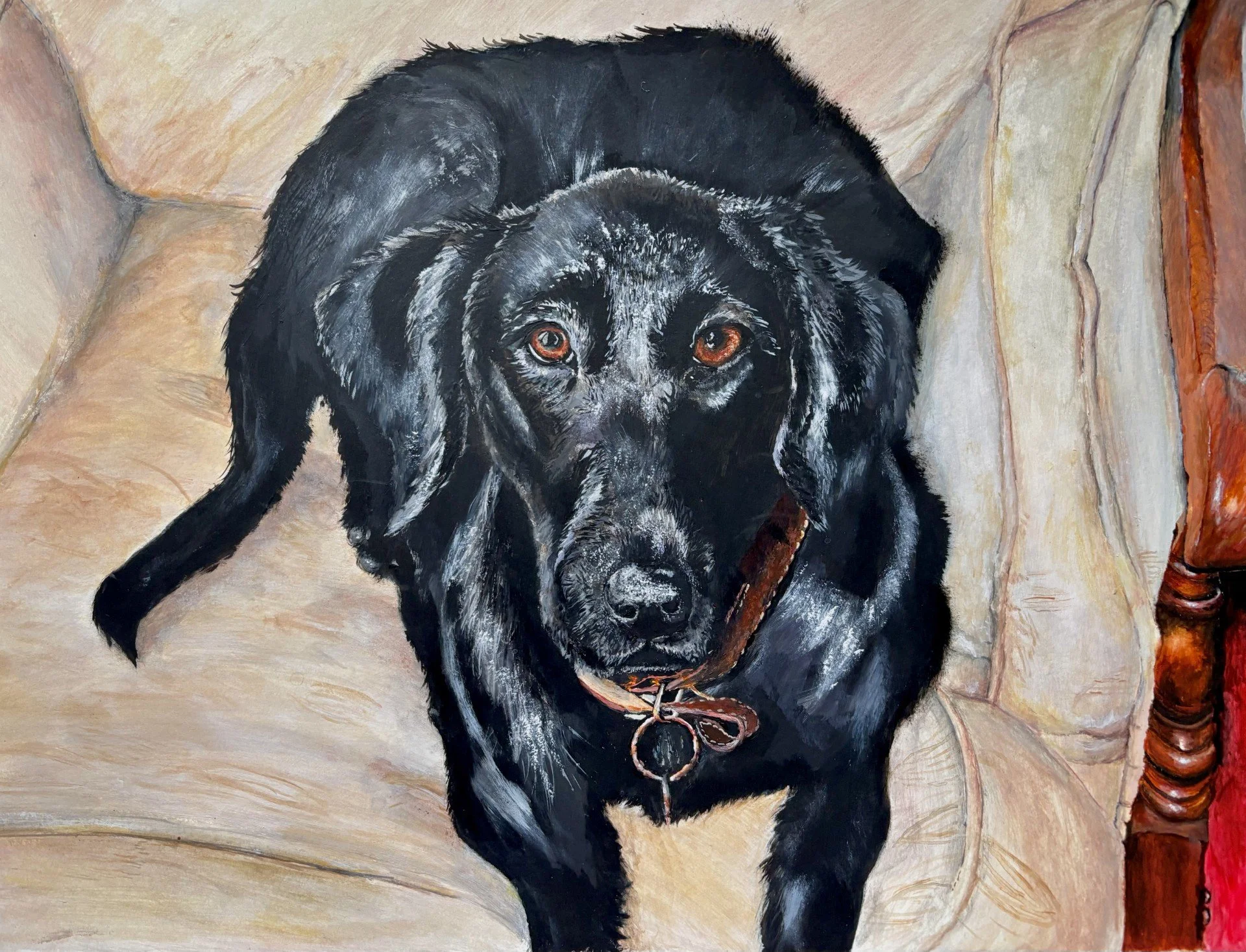 This is Bilbo a handsome black Labrador painted by me in acrylic paint. The owner wanted me to show him sitting on his favourite chair.
