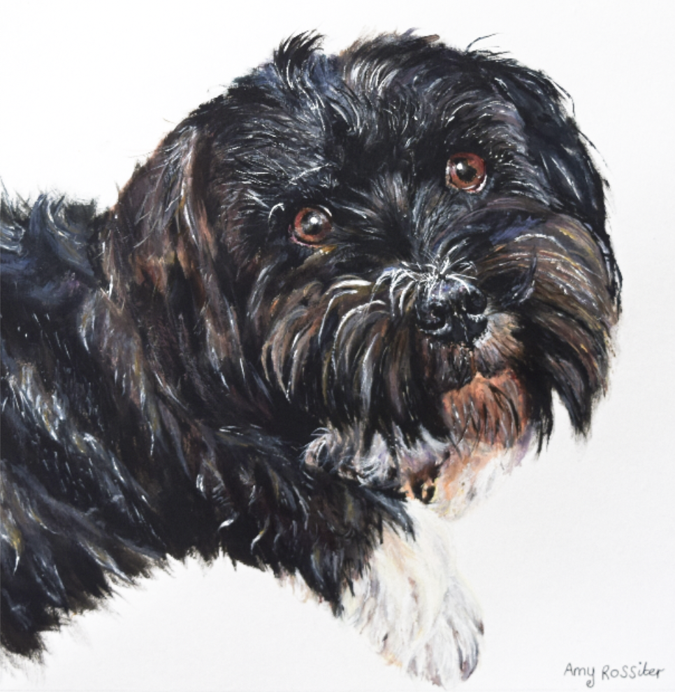 Painting of a black and brown dog with reddish eyes and floppy ears, looking at the viewer.