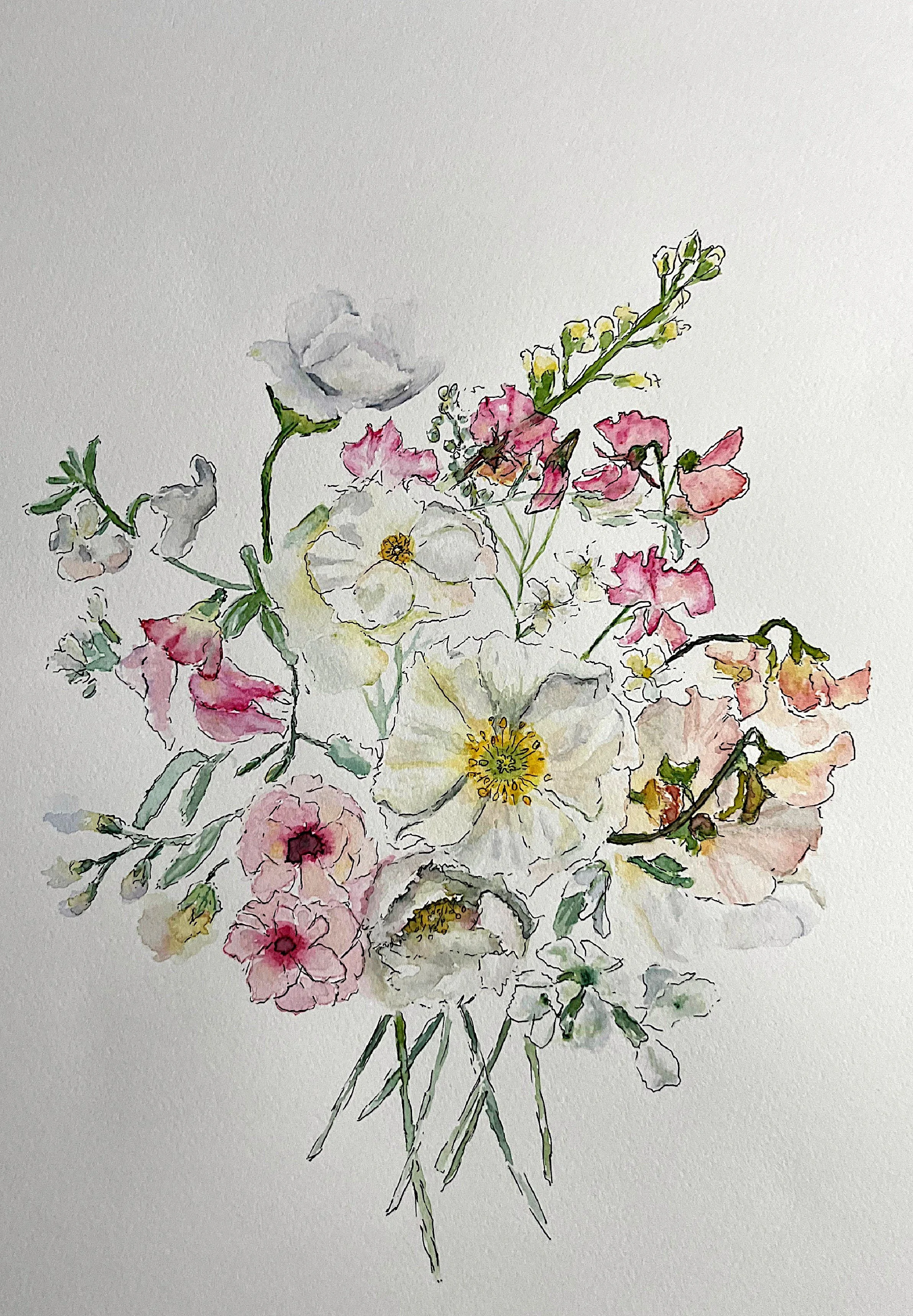 Watercolor painting of a bouquet of white, pink, and yellow flowers with green leaves and stems on a white background.