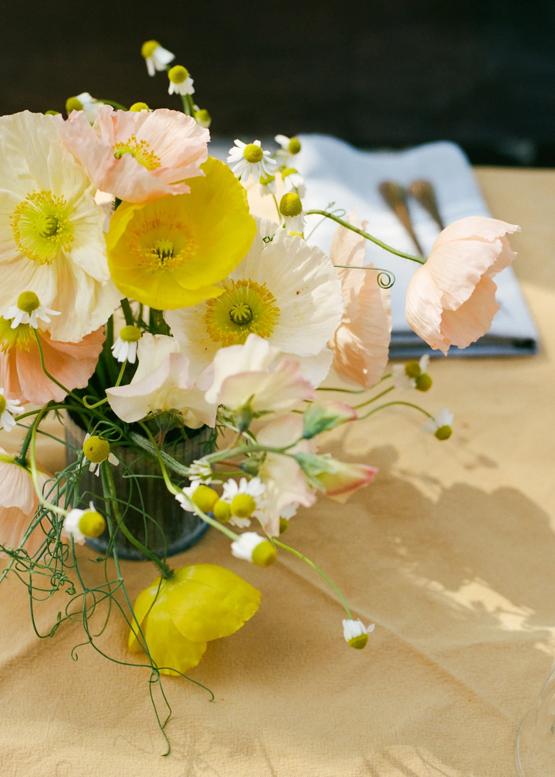 chamomile and poppies in a table arrangment in boonville ca