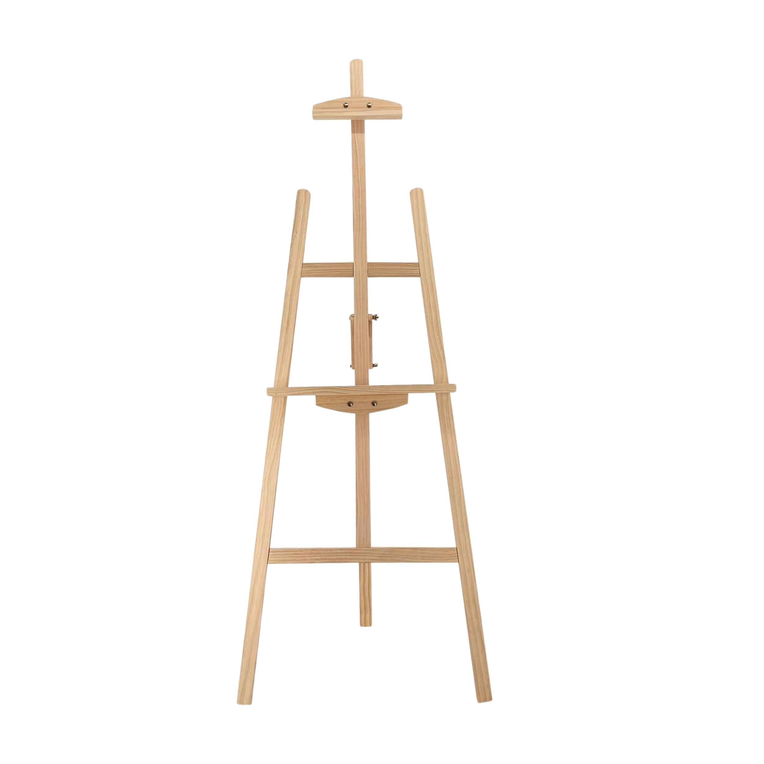 A wooden easel stands on a black background.