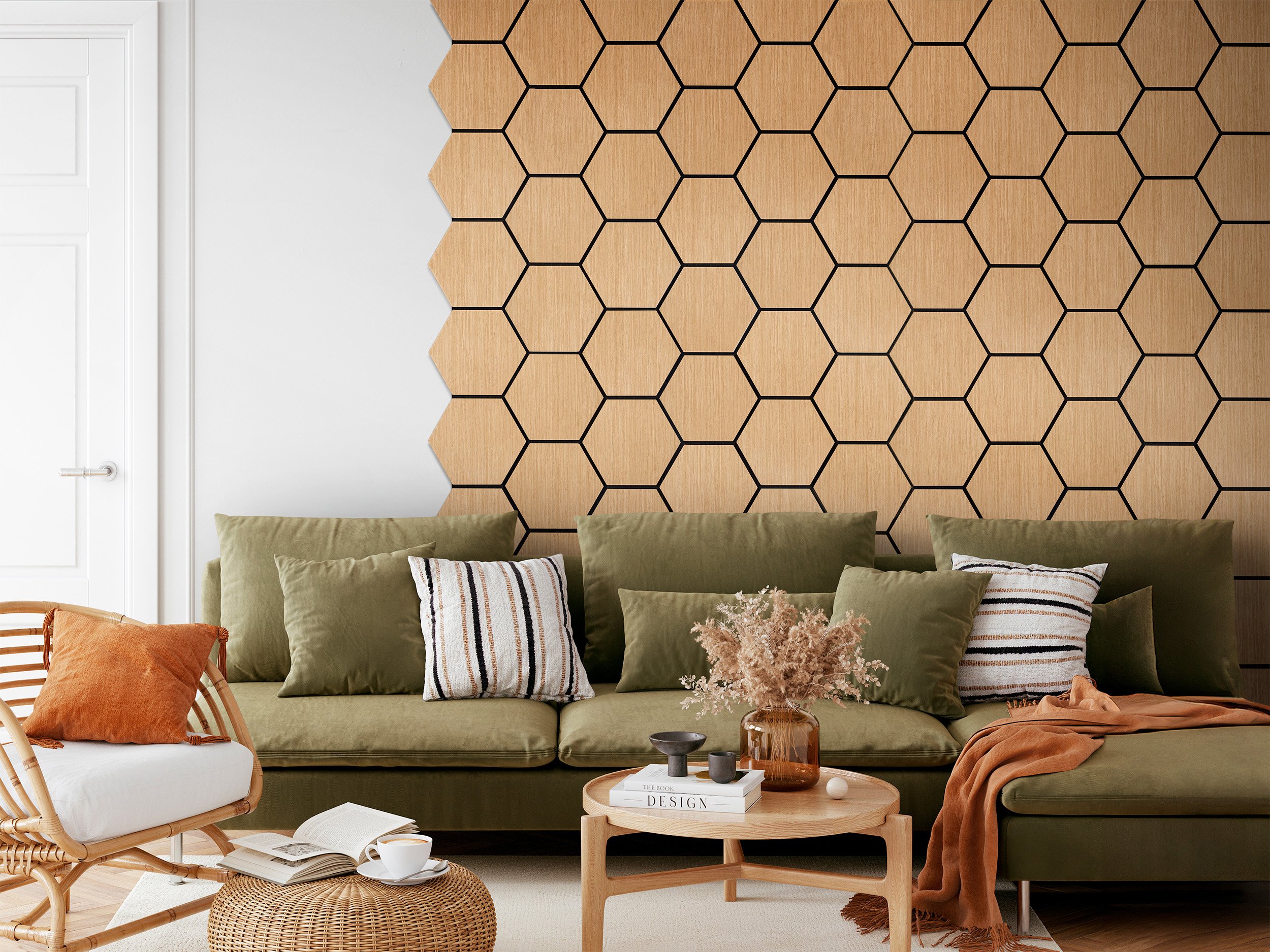 Hex Panels in Natural Oak used as a feature wall in a living room behind a couch