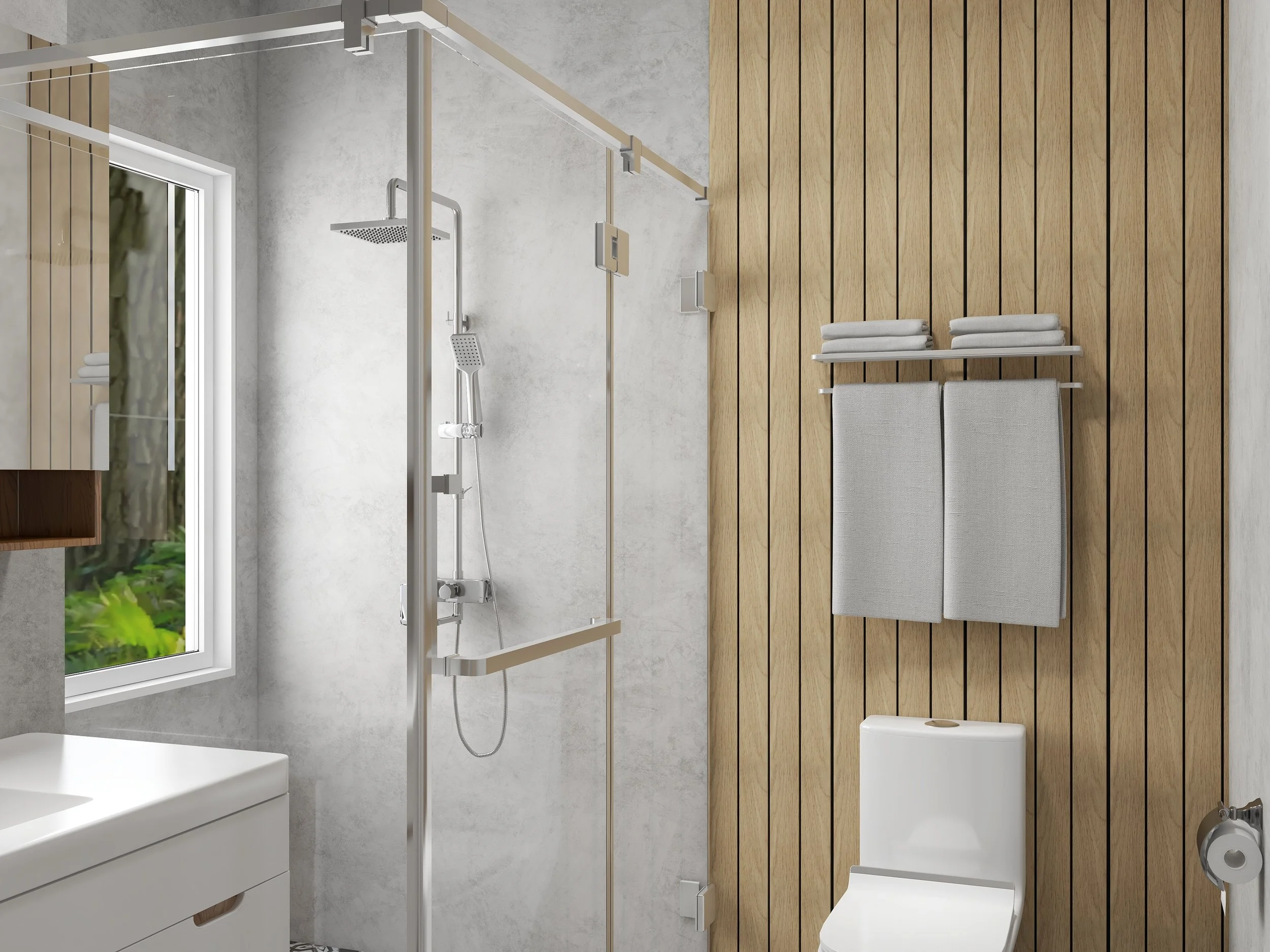 Wide Slat panels in natural oak installed behind a toilet in a bath room