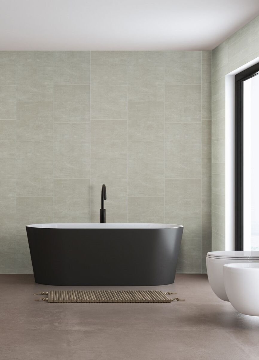 Wall Panel Moonstone Large Tile Installed In Bathroom