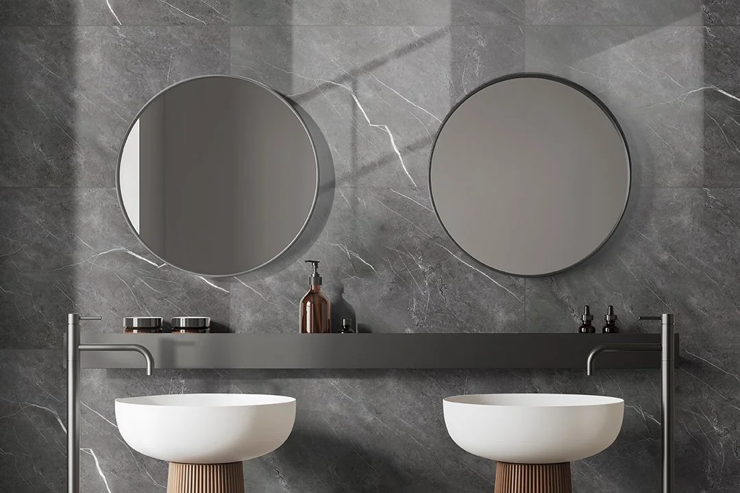 Easy Tiles in Porto Gloss installed on a bathroom wall in front of vanity units