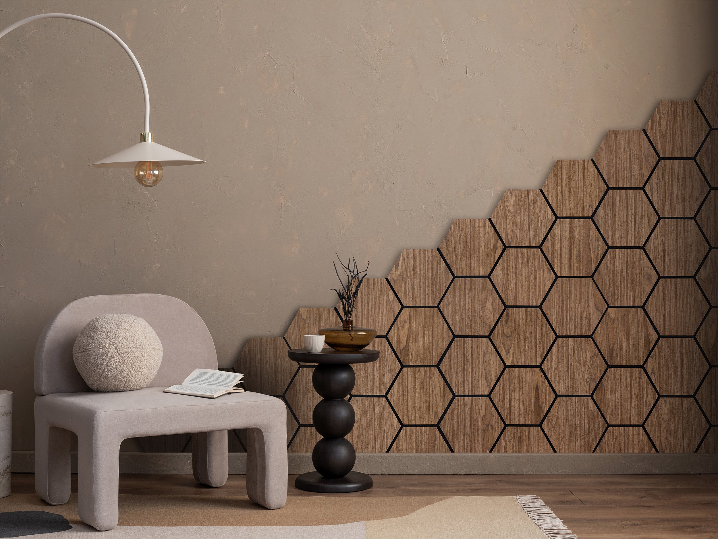 Hex Panels in Walnut used as a feature wall in a living room