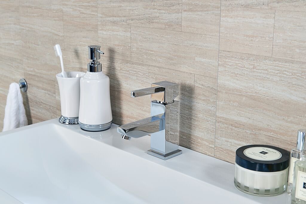 Wall Panel Taupe Dune Tile Installed In Bathroom
