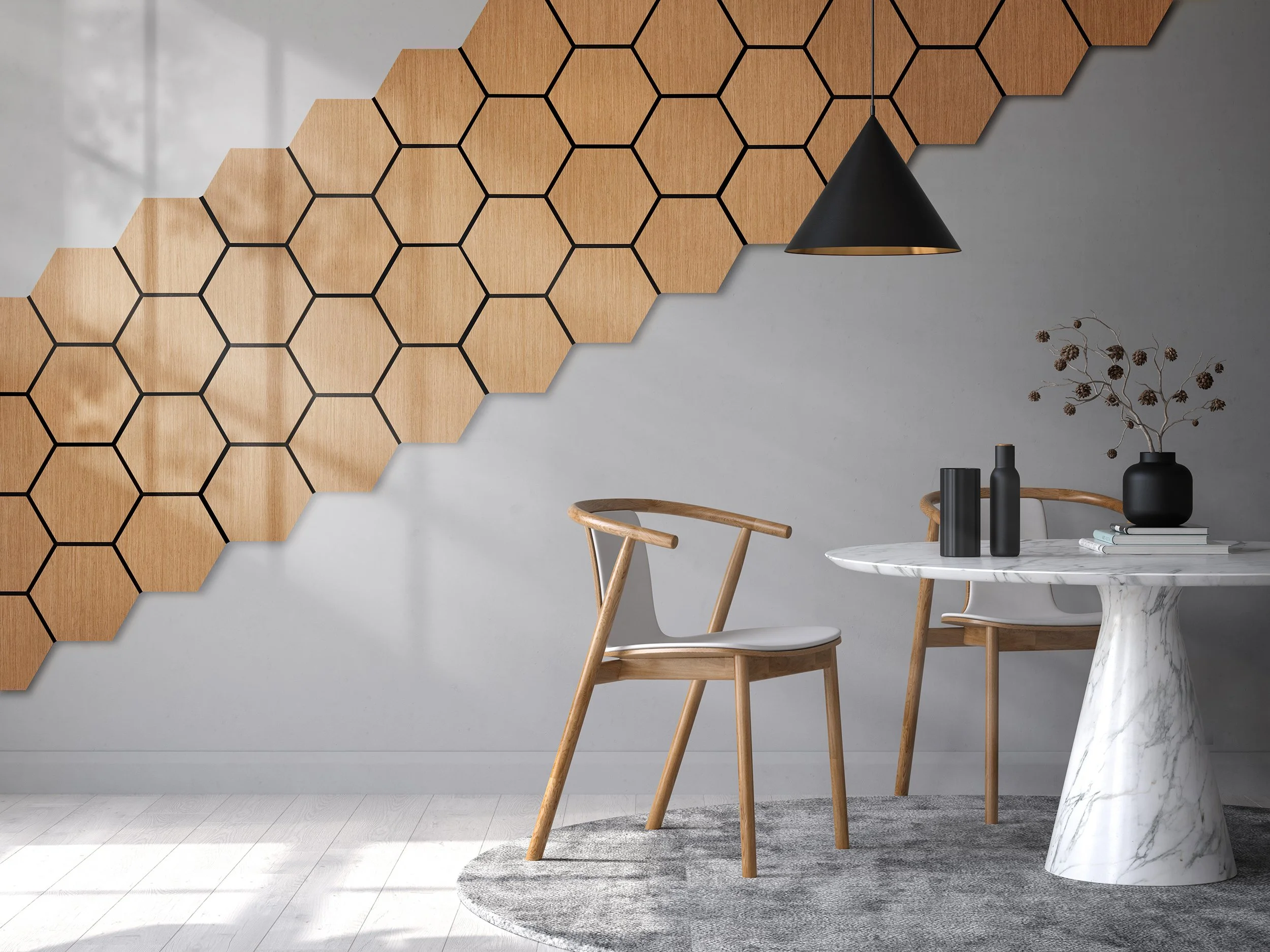 Hex Panel in Natural Oak used as a feature in a dining room